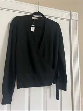 LOFT Black V-Neck Wrap Sweater with Side Tie